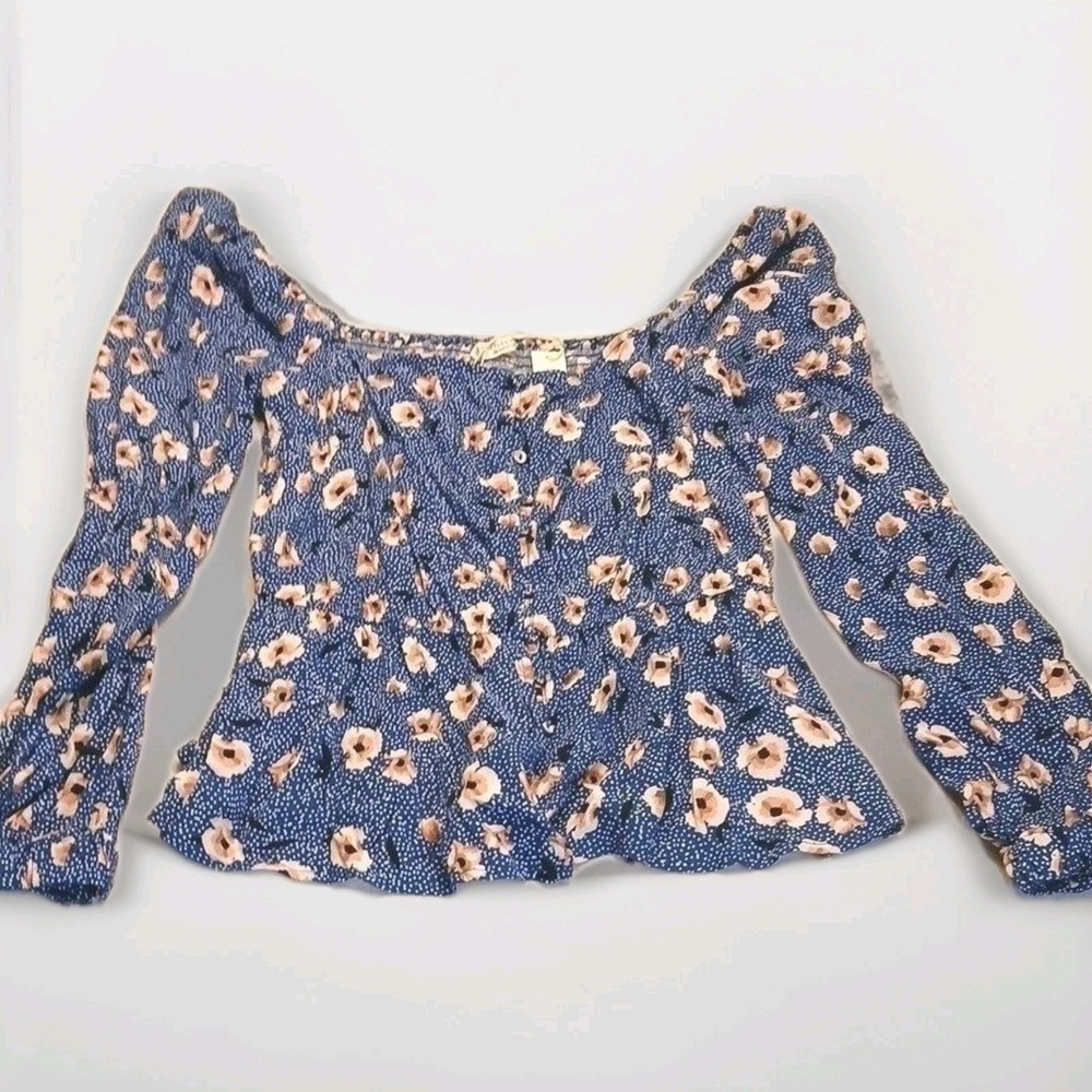 Lovestitch Women's Off Shoulder Blue Floral Smocked Peplum Boho Blouse Size‎ Med